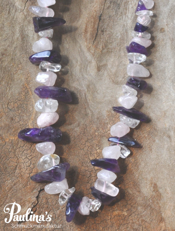 Edelstein-Kette mit Rosenquarz, Amethyst und Bergkristall
