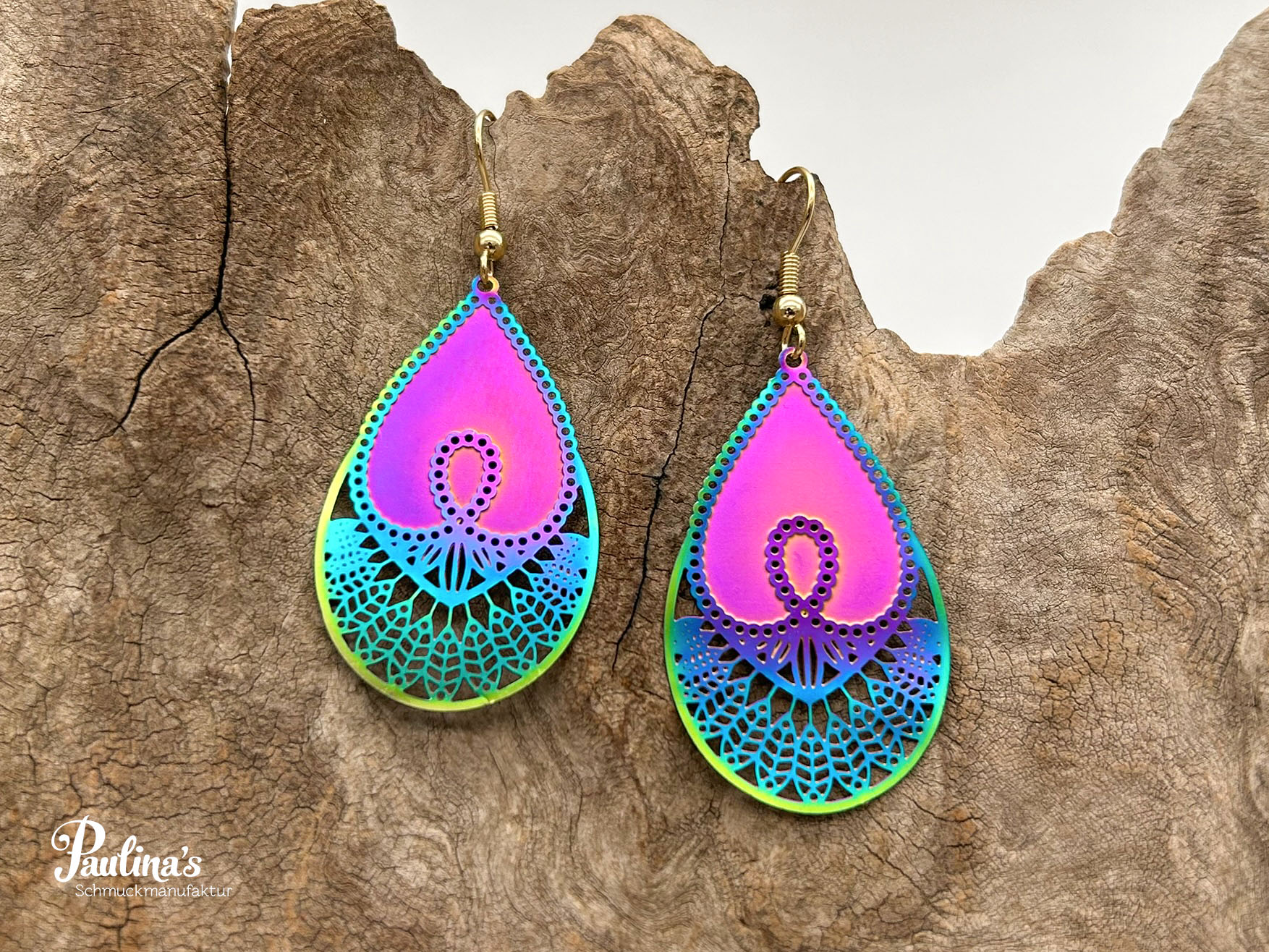 Tropfen-Energie-Ohrgehänge Edelstahl Tropfen mit Federn plattiert – Bild 2