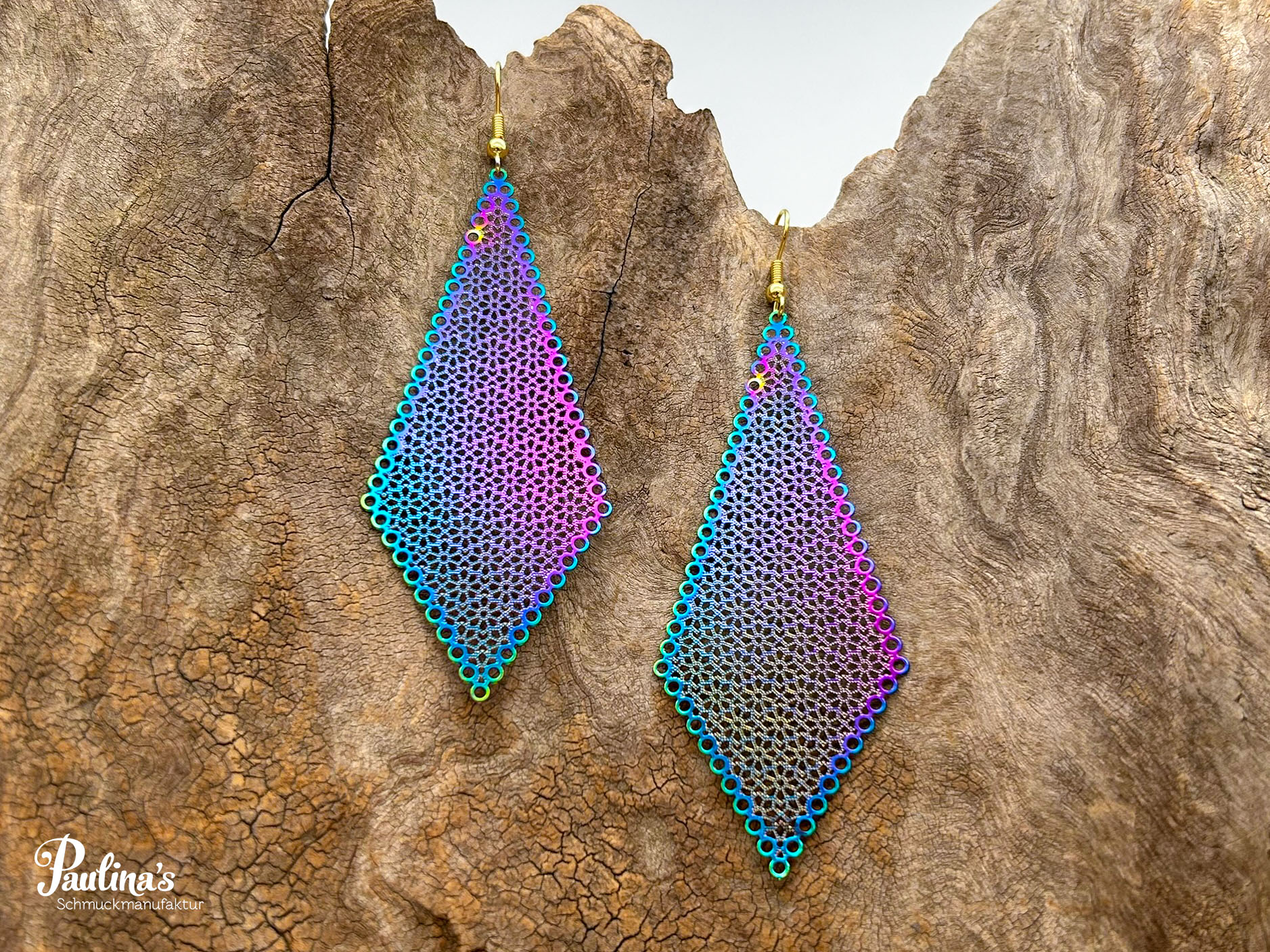 Löwenzahn-Energie-Ohrgehänge Edelstahl Raute mit Blumen sehr lang – Bild 2