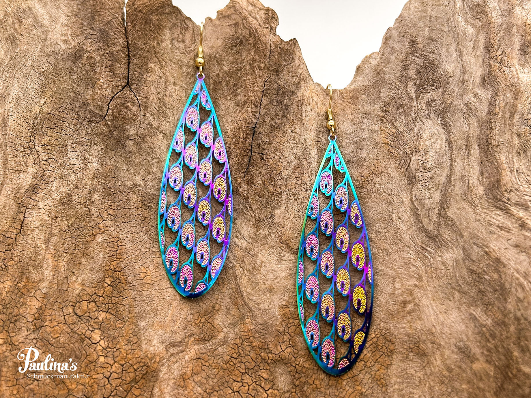 Tropfen-Energie-Ohrgehänge Edelstahl Tropfen Pfauenfeder plattiert – Bild 2