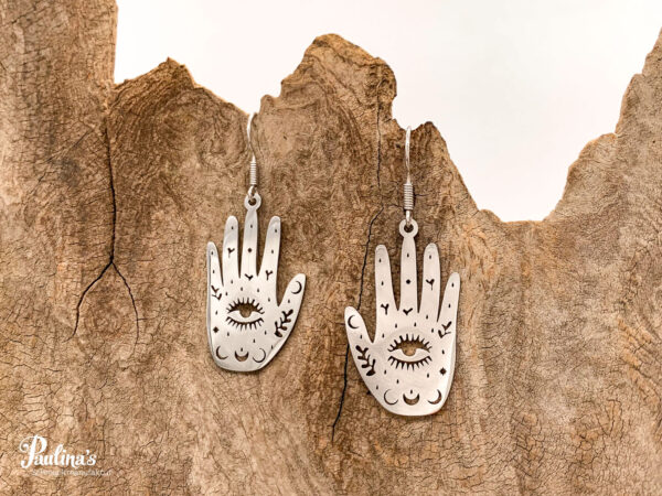 X-Energie-Ohrgehänge Edelstahl Hamsa Hand mit Gestirnen – Bild 5